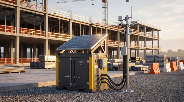 A portable solar generator that powers a security camera and monitoring equipment at a construction site. AI generated.
