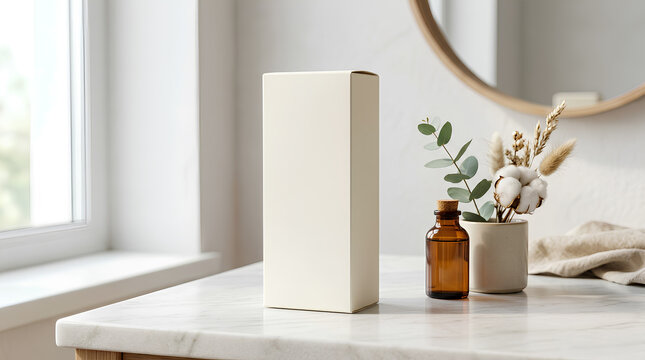 Blank white cosmetic box mockup on marble table with amber bottle