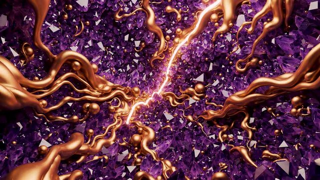 Amethyst crystal geode forming a precious gemstone cavern surrounded by glowing gold material and an electric discharge.