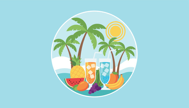 Round summer badge featuring colorful tropical cocktails, palm trees, sun, and fresh fruits like pineapple and mango.