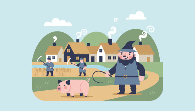 Fairytale fantasy village with a dwarf walking a cute pink pig while peasants harvest wheat in the background.