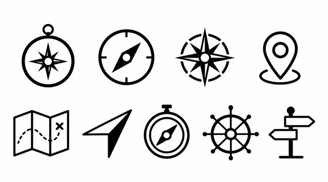 Adventure and navigation compass with map location icons.