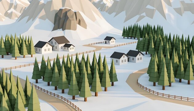 Low poly winter landscape with houses pine trees and mountains in snow snowy village 3D render