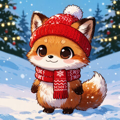 Fototapeta premium A cute chibi cartoon illustration of fox, winter animal in hat and scarf for Christmas