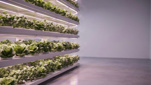Modern vertical indoor farming system with rows of fresh green leafy vegetables growing under artificial led lights in warehouse