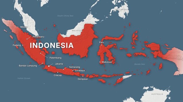 Indonesia light map zoom with red highlight and city labels