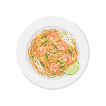 Pad thai noodles plate with fresh shrimp bean sprouts chopped peanuts and lime wedge for authentic thai street food restaurant menu and culinary travel website.