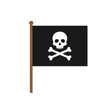 Jolly Roger pirate flag design featuring black banner with white skull and crossbones on wooden pole for children adventure games maritime lore and party decor.