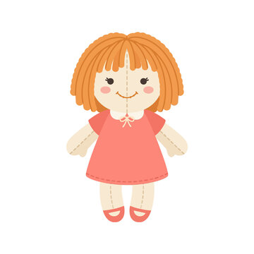 Cute rag doll with orange hair pink dress flat vector design isolated on transparent background textile toy for children nursery decor and baby product branding.