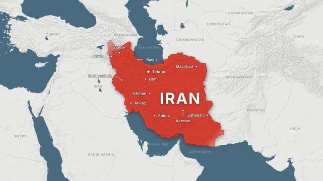 Iran light map zoom with red highlight and city labels