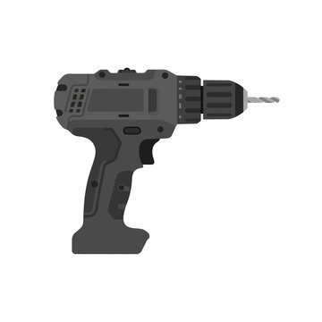 Electric cordless drill in dark gray finish with integrated drill bit works for home improvement renovation hardware store catalogs and construction tool graphics.