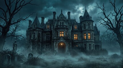 Obraz premium Gothic Victorian mansion with glowing windows surrounded by fog, bare trees and a graveyard, representing haunted house, Halloween horror and spooky night atmosphere
