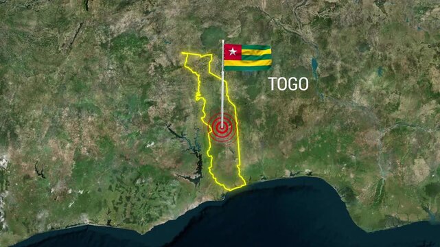 Togo country flag and borders highlighted on satellite map motion footage