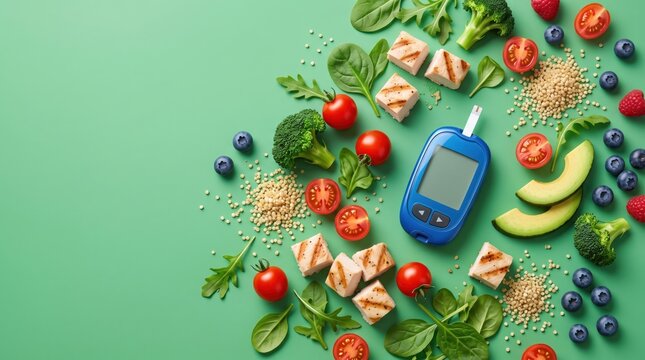 Blue glucometer with healthy foods on green background for World Diabetes Day, representing blood sugar control and balanced nutrition. Copy space
