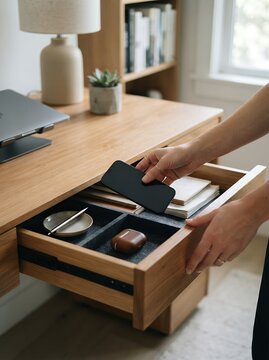 Minimalist home office organization setup with smartphone storage in wooden drawer modern aesthetic for decluttering and productivity