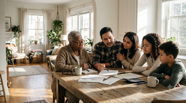 Diverse multi generational family discussing finances at kitchen table.