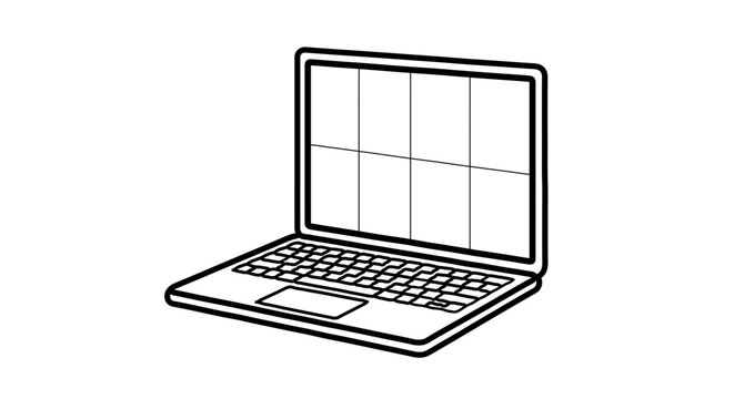 A clean, modern black and white outline vector illustration of an open laptop computer featuring a grid-divided display screen, a keyboard, and a trackpad for digital work.