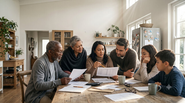 Diverse multi generational family discussing finances at kitchen table.