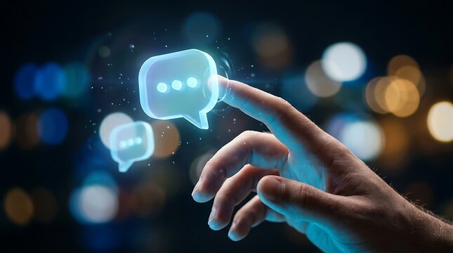 Interactive digital conversation bubbles and chat interface, glowing blue speech icons, hand pointing at holographic speech blobs with neon lights and futuristic background