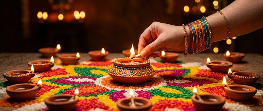 Diwali Celebration: Hand Lighting Diyas on Rangoli, Festival of Lights