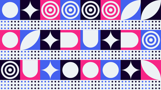 Geometric Abstract Pattern Design Backrounds with Circles and Squares in Pink, Blue, and Black - Modern Vector Art