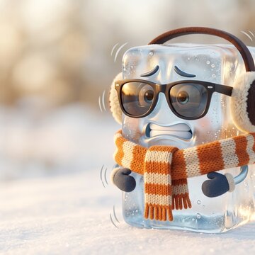 Cute shivering ice cube character wearing winter clothes in snow