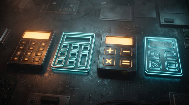 Futuristic glowing calculators on a dark industrial circuit surface