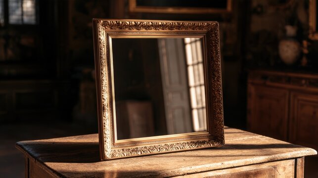 Ornate vintage rectangular mirror with intricate golden frame reflecting interior scene on rustic wooden table in warm natural light