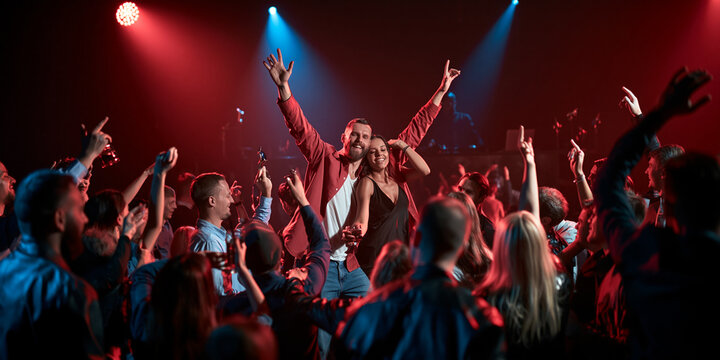 A lively concert crowd with hands in the air, bathed in red and blue stage lights. A man with his arms outstretched is being held aloft by the crowd, embodying the vibrant energy of the event