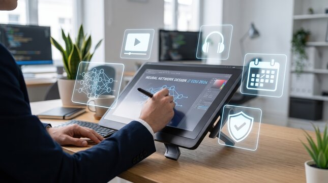 Designer drawing neural network architecture on graphics tablet, educational presentation with floating icons, video lecture, audio guide, calendar scheduling, cybersecurity