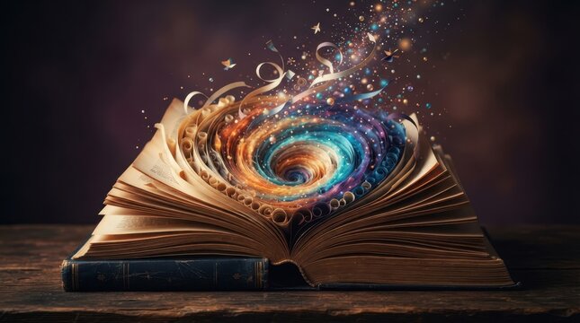 Open book with swirling magical galaxy vortex and glowing cosmic particles emerging from pages