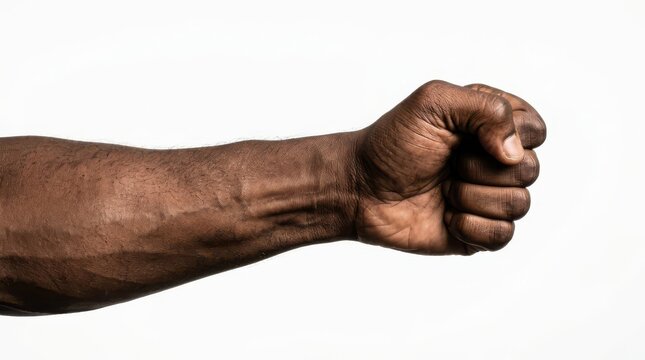 Closeup of a darkskinned arm and clenched fist, isolated on white background