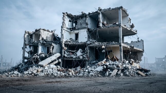 Ruined residential building standing amidst urban debris and rubble