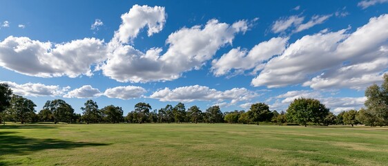 Naklejka premium Wide open park with mown grass stretching to a tree line under a blue sky with white clouds