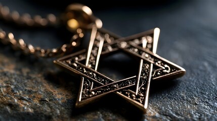 Fototapeta premium A detailed Star of David pendant with ornate engravings rests on a textured stone surface illuminated by soft directional lighting