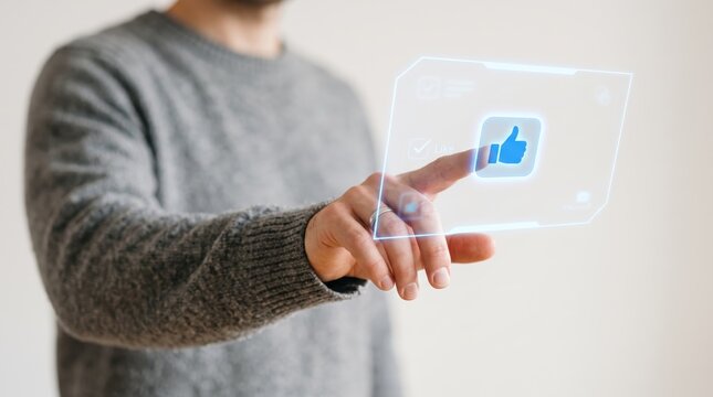 Man interacting with futuristic transparent touch screen interface showing social media like thumbs up icon, user engagement feedback approval rating concept, modern digital