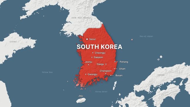 South Korea light map zoom with red highlight and city labels
