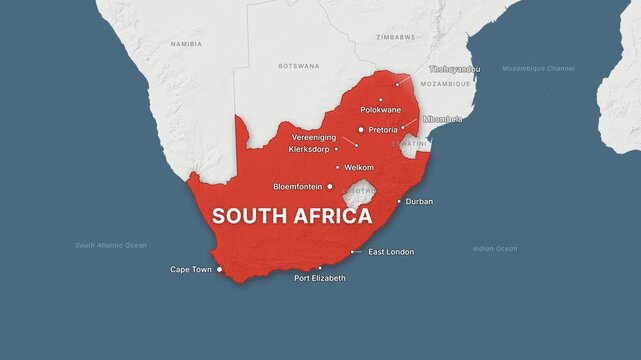 South Africa light map zoom with red highlight and city labels