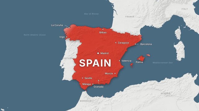 Spain light map zoom with red highlight and city labels