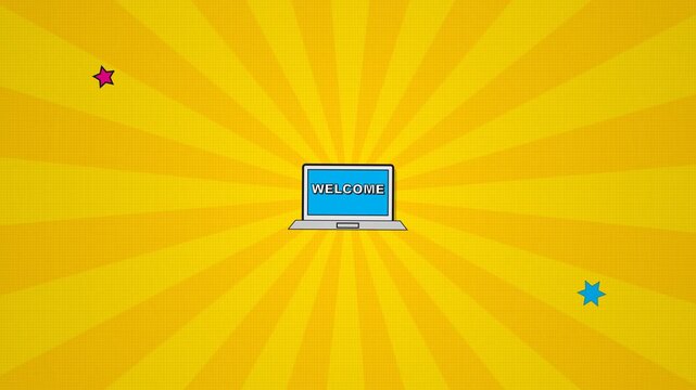 Laptop screen welcome message comic book style