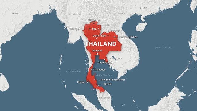 Thailand light map zoom with red highlight and city labels