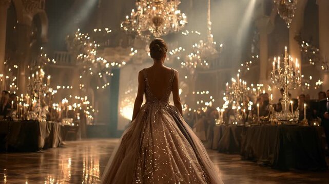 A woman in a gown stands in a grand ballroom filled with chandeliers and guests enjoying the celebration