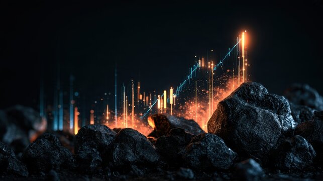 Futuristic glowing digital graph data visualization emerging from dark rocky terrain with vibrant light streaks and abstract technology background