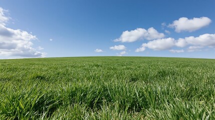 Obraz premium Wide grassy field stretching to a gently rolling horizon under a blue sky with scattered clouds