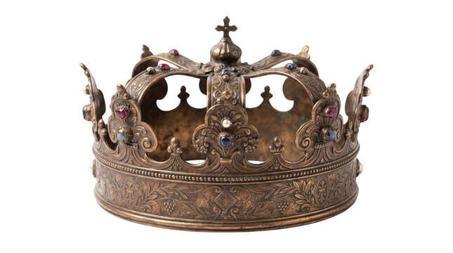 Vintage golden royal crown with jewels, antique king crown isolated on white background, majestic coronation headpiece