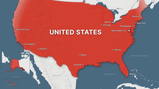 United States light map zoom with red highlight and city labels