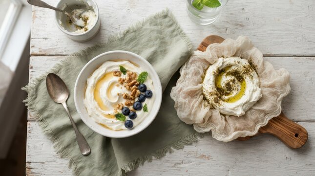 Bowl of creamy yogurt with honey, walnuts, and blueberries next to a plate of labneh with olive oil and zaatar