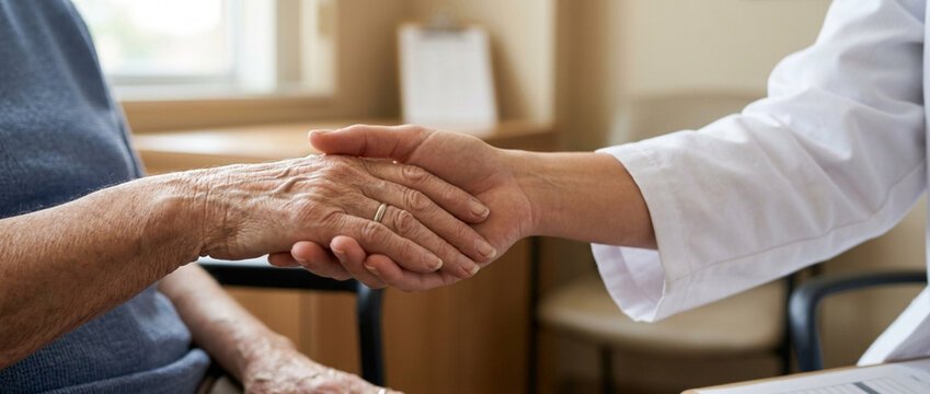 Doctor shaking hands with elderly patient, healthcare support and trust, close-up.