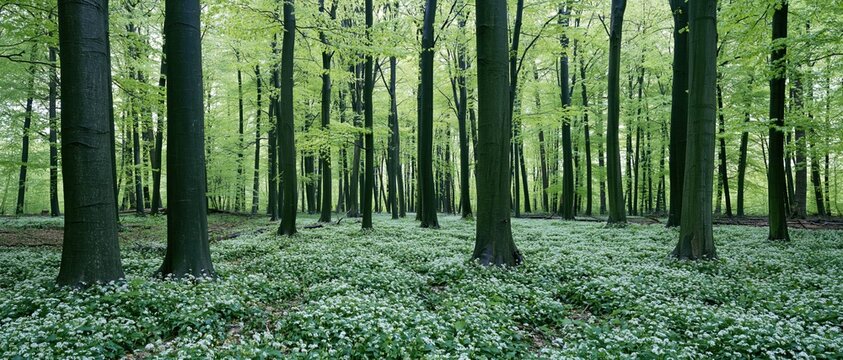 Tall beech trees in a temperate deciduous forest with white flowers covering the forest floor in early spring