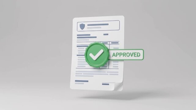 An insurance policy document stamped with a green checkmark seal and APPROVED banner, symbolizing automated insurance claim processing, InsurTech digital verification, policy approval, and risk manage